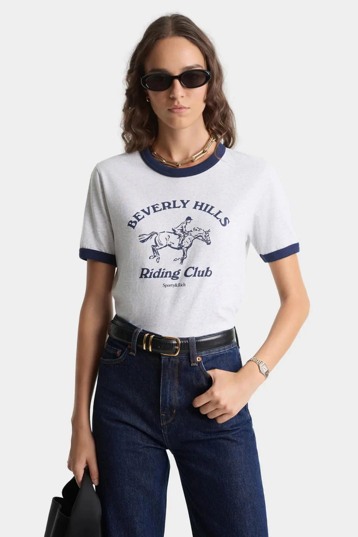 Sporty & Rich Riding Club Ringer Tee - Heather/ Navy - Image 2