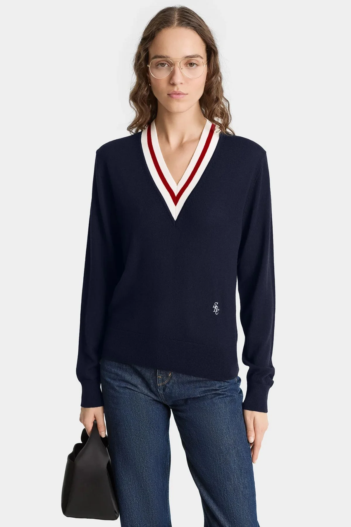 Sporty & Rich V-Neck Sweater - Dark Navy/ Ecru/ Ruby - Image 2