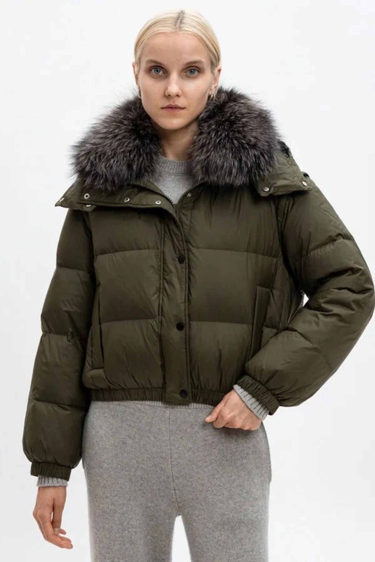 Yves Salomon Crop Parka w. Detachable Hood & Collar - Hunter Green - Image 5